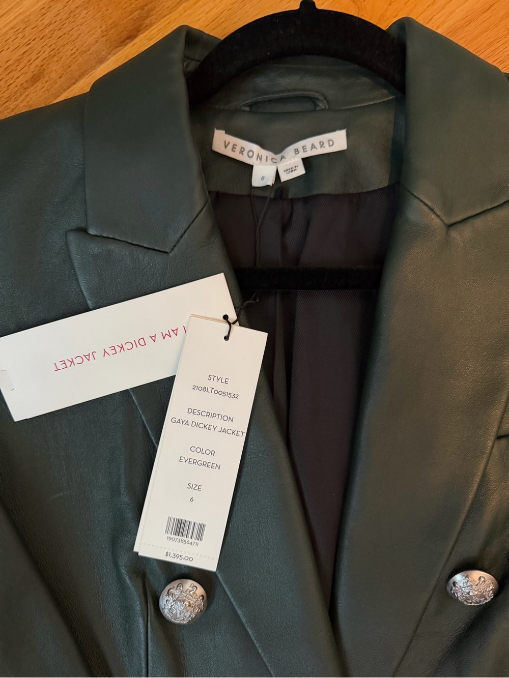 Double-Breasted Dark Green Leather Blazer - Picture 4 of 8